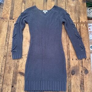 Y2K Waffle Knit‎ Sweater Dress S Blue Gray Lace-Up Sleeve Bodycon Mini Grunge